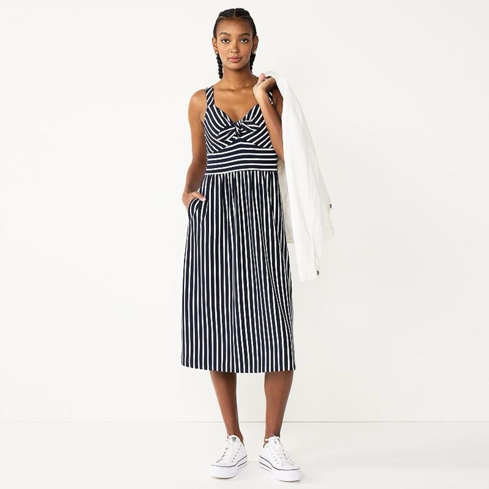 Draper James RSVP Knot Front Stripe Midi Dress Navy White Size S